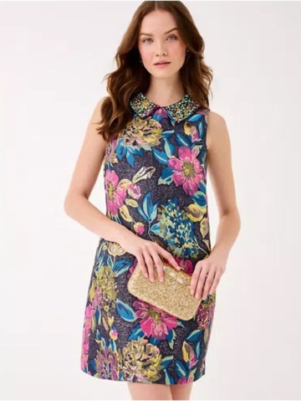 Embellished Collar Floral Shift Dress — Navy with Pink & Teal Flowers EUC